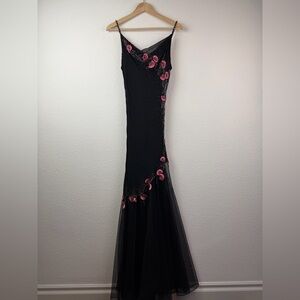 90s Y2K Xscape Silk Mesh Beaded Embroidered Bias Cut Whimsigoth Fairy Dress